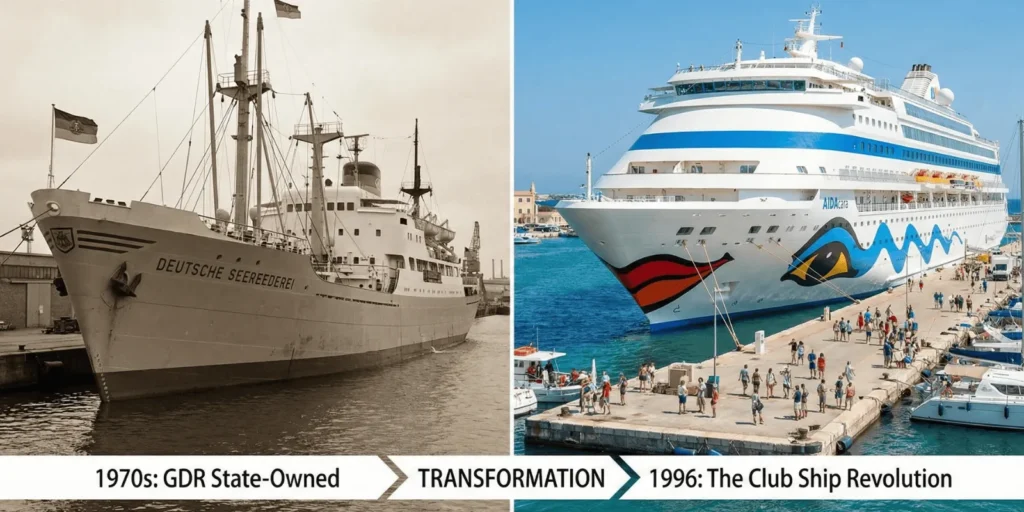 A split-screen comparison showing the evolution of AIDA Cruises. On the left, a vintage, sepia-toned photograph of a functional Deutsche Seereederei vessel from the 1970s GDR era. On the right, a vibrant, modern AIDA cruise ship featuring the iconic "smiling lips" and eye hull art docked in a sunny Mediterranean port. A timeline arrow at the bottom connects the two, labelled "Transformation: 1970s GDR State-Owned to 1996 The Club Ship Revolution."