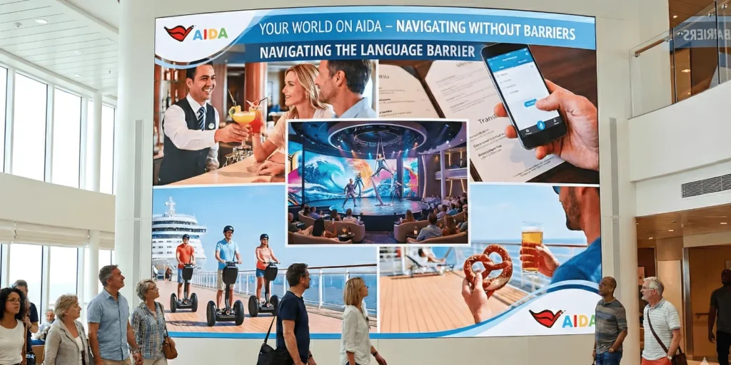 A large digital billboard inside a modern cruise ship atrium displays an AIDA Cruises advertisement with the title "YOUR WORLD ON AIDA – NAVIGATING WITHOUT BARRIERS" and subtitle "NAVIGATING THE LANGUAGE BARRIER". The screen shows a photo montage featuring a bartender serving drinks, a person using a smartphone app, a live performance in a theater, people on Segways, and a hand holding a pretzel and beer. Several people walk past the screen in the foreground.
