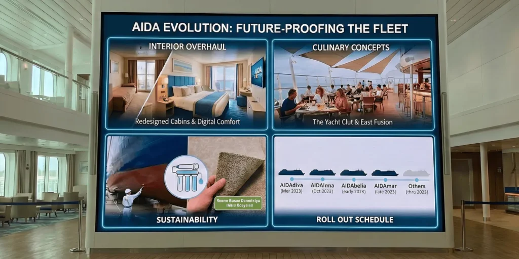 A large presentation screen titled "AIDA EVOLUTION: FUTURE-PROOFING THE FLEET" is divided into four panels. The top left, "INTERIOR OVERHAUL," shows a photo of a "Redesigned Cabins & Digital Comfort" room. The top right, "CULINARY CONCEPTS," shows a photo of "The Yacht Club & East Fusion" dining area. The bottom left, "SUSTAINABILITY," shows images of a ship's hull, a water filter icon, and a carpet sample with a "Green Guard Underlays" label. The bottom right, "ROLL OUT SCHEDULE," displays a timeline for several ships from March 2025 to 2028.