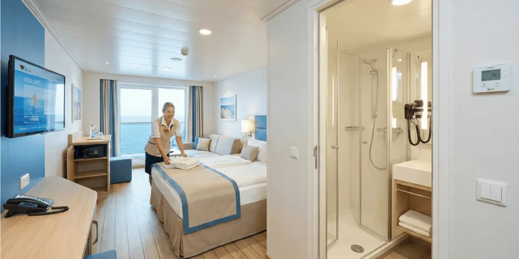 A wide-angle photograph inside a brightly lit AIDA cruise ship cabin with light wood and blue accents. A female cabin steward in a uniform smiles as she arranges towels on the bed. The room features a balcony with a sea view, a flat-screen TV showing "AIDA INFO," a desk with a phone and safe, and a sofa. An open doorway on the right reveals a modern en-suite bathroom with a glass shower and hairdryer.