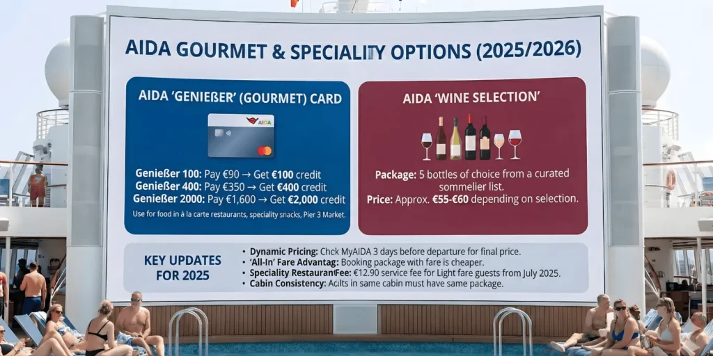 A large outdoor screen on a cruise ship pool deck displays "AIDA GOURMET & SPECIALITY OPTIONS (2025/2026)". The left blue panel, "AIDA 'GENIEßER' (GOURMET) CARD," shows a card and lists three credit options: Genießer 100 (Pay €90, Get €100), Genießer 400 (Pay €350, Get €400), and Genießer 2000 (Pay €1,600, Get €2,000) for food and snacks. The right maroon panel, "AIDA 'WINE SELECTION'," shows wine bottles and glasses, offering a package of 5 curated bottles for approx. €55-€60. A bottom section lists "KEY UPDATES FOR 2025": Dynamic Pricing, 'All-In' Fare Advantage, a €12.90 Speciality Restaurant Fee for Light fare, and Cabin Consistency for beverage packages. People in swimsuits relax by the pool in the foreground.
