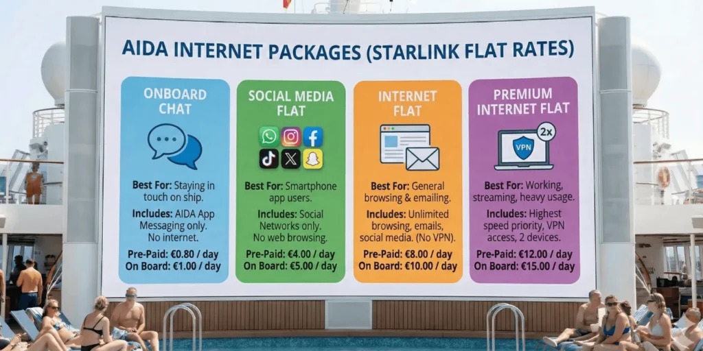 A large outdoor digital screen on a cruise ship pool deck displays "AIDA INTERNET PACKAGES (STARLINK FLAT RATES)". The screen is divided into four vertical, colored panels with prices. From left to right:ONBOARD CHAT (Blue): For "Staying in touch on ship." Includes "AIDA App Messaging only. No internet." Pre-Paid: €0.80/day, On Board: €1.00/day.SOCIAL MEDIA FLAT (Green): For "Smartphone app users." Includes "Social Networks only. No web browsing." Icons for WhatsApp, Instagram, Facebook, TikTok, X, and Snapchat are shown. Pre-Paid: €4.00/day, On Board: €5.00/day.INTERNET FLAT (Orange): For "General browsing & emailing." Includes "Unlimited browsing, emails, social media. (No VPN)." Pre-Paid: €8.00/day, On Board: €10.00/day.PREMIUM INTERNET FLAT (Purple): For "Working, streaming, heavy usage." Includes "Highest speed priority, VPN access, 2 devices." Pre-Paid: €12.00/day, On Board: €15.00/day. The screen is situated behind a swimming pool where people are relaxing in lounge chairs under a bright, sunny sky. The ship's superstructure and funnel are visible in the background.