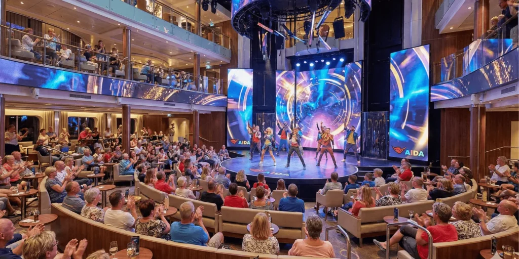A wide-angle photograph of a live performance in a large, multi-story atrium/theatre on an AIDA cruise ship. On a central circular stage, a group of energetic dancers in colorful, modern costumes are performing. Behind them and on the upper levels are large, curved LED screens displaying bright, colorful abstract graphics with the "AIDA" logo. A large audience, seated on tiered benches and at tables across three levels, is clapping and watching the show. The space features modern architecture with warm wood and glass railings. The atmosphere is vibrant and lively.