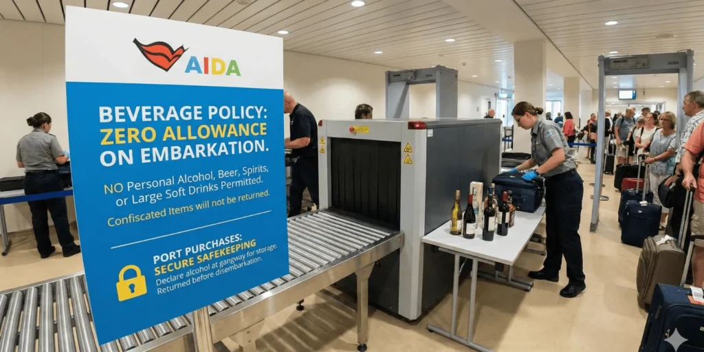 A wide-angle photograph inside a busy cruise terminal security checkpoint. In the foreground, a large prominent sign with the AIDA logo displays the text: "BEVERAGE POLICY: ZERO ALLOWANCE ON EMBARKATION. NO Personal Alcohol, Beer, Spirits, or Large Soft Drinks Permitted. Confiscated Items will not be returned." Below that, a section with a padlock icon reads: "PORT PURCHASES: SECURE SAFEKEEPING. Declare alcohol at gangway for storage. Returned before disembarkation." Next to an X-ray scanning machine with a conveyor belt, a uniformed female security officer inspects a piece of luggage on a table, where several bottles of wine or spirits are already placed. Other security staff and passengers with suitcases queue for screening through metal detectors in the brightly lit terminal background.