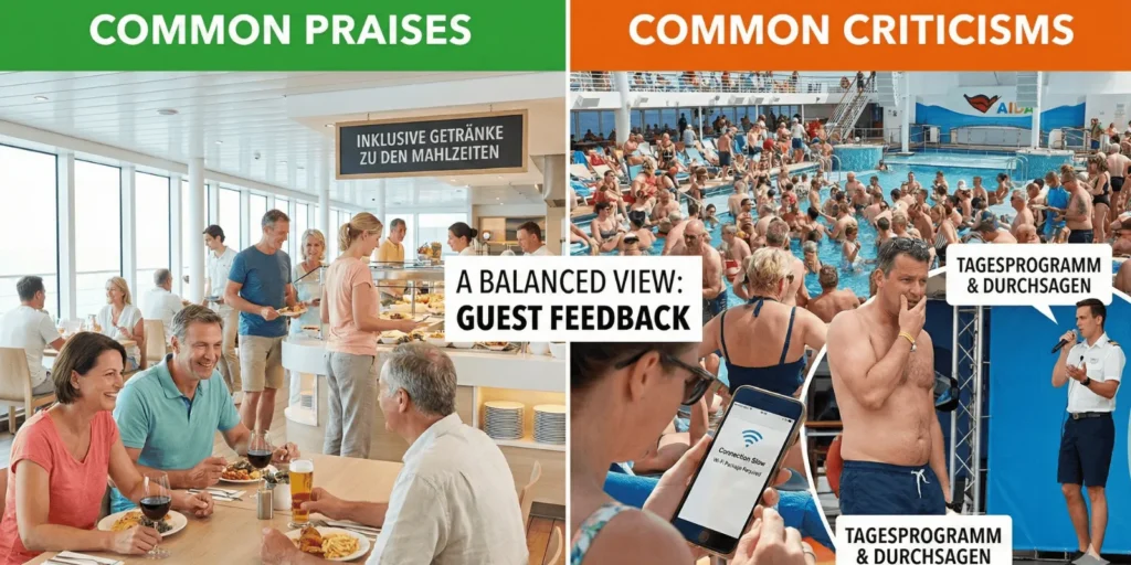 A split-screen infographic titled "A BALANCED VIEW: GUEST FEEDBACK". The left green panel, "COMMON PRAISES," shows happy guests dining in a modern cruise ship buffet restaurant with a sign reading "INKLUSIVE GETRÄNKE ZU DEN MAHLZEITEN" (Included Drinks with Meals), highlighting the casual atmosphere and value. The right orange panel, "COMMON CRITICISMS," depicts a very crowded pool deck. Foreground elements include a person looking at a smartphone displaying a "Connection Slow" Wi-Fi screen, and a confused-looking man near a crew member making announcements with speech bubbles reading "TAGESPROGRAMM & DURCHSAGEN" (Daily Program & Announcements), illustrating issues with crowding, internet connectivity, and language barriers.