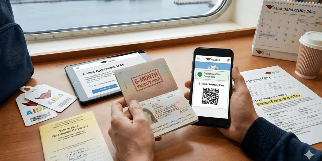 A person holds a passport open to a page with a "6-MONTH VALIDITY RULE" stamp and a smartphone displaying the "MyAIDA" app with a green checkmark for "Digital Manifest Completed" and an "E-Ticket / Boarding Pass" QR code. On the desk next to them are AIDA luggage tags, a "Yellow Fever Vaccination Certificate," a tablet showing an "E-Visa Approved: UAE" screen, a travel insurance policy, and a calendar marked "AIDA DEPARTURE 2025." The background shows a window overlooking a harbor.