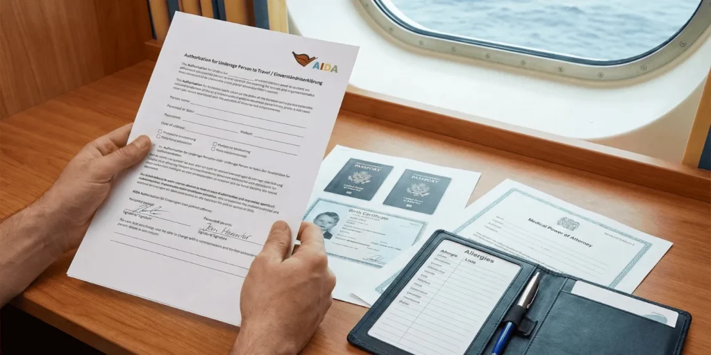 A close-up photograph on a wooden desk inside a ship's cabin shows a person's hands holding a signed "AIDA Authorisation for Underage Person to Travel / Einverständniserklärung" form. Next to it are photocopies of two passports, a child's birth certificate, a "Medical Power of Attorney" document, and a travel wallet with an "Allergies List" and a pen. A porthole window with a view of the ocean is visible in the background.