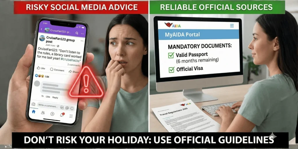 A split-screen infographic comparing travel advice sources. The left red panel, titled "RISKY SOCIAL MEDIA ADVICE," shows an anxious woman looking at a smartphone with a red warning icon. The phone displays a social media post from "CruiseFan123" claiming, "Don't listen to the rules, a library card worked for me last year! #cruisehacks". The right green panel, titled "RELIABLE OFFICIAL SOURCES," shows a confident woman using a computer. The screen displays the "MyAIDA Portal" with a checklist for "MANDATORY DOCUMENTS," including "Valid Passport (6 months remaining)" and "Official Visa," both with green checkmarks. A printed "Travel Regulations 2025" document is on the desk. A banner at the bottom reads, "DON'T RISK YOUR HOLIDAY: USE OFFICIAL GUIDELINES".