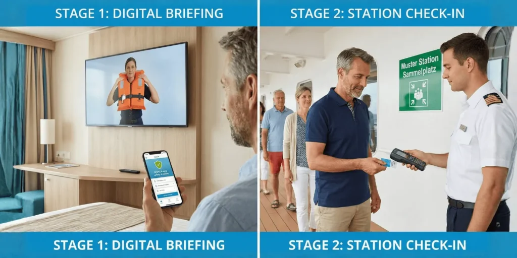 A split-screen photograph showing two steps of a mandatory safety briefing on a cruise ship. The left panel, titled "STAGE 1: DIGITAL BRIEFING," shows a man in a ship cabin watching a safety video on a large wall-mounted TV, which depicts a crew member demonstrating a life jacket. The man is also holding a smartphone displaying a screen from the "MyAIDA" app with a green checkmark and text that says "SICHERHEITSEINWEISUNG". The right panel, titled "STAGE 2: STATION CHECK-IN," shows the same man on the ship's deck, handing a card to a uniformed crew member who is scanning it with a handheld device. A green sign with white text reads "Muster Station Sammelplatz" with directional arrows. Other passengers are lined up behind him. The ocean is visible in the background.