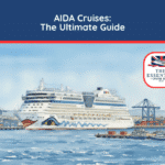 Watercolor illustration of an AIDA cruise ship docked in a busy commercial port. Title banner reads "AIDA Cruises: The Ultimate Guide."