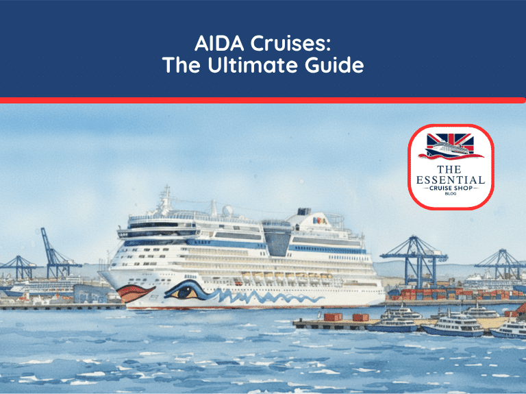 Watercolor illustration of an AIDA cruise ship docked in a busy commercial port. Title banner reads "AIDA Cruises: The Ultimate Guide."