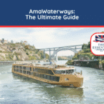 Watercolor illustration of an AmaWaterways river cruise ship sailing beneath a large bridge. Title reads "AmaWaterways: The Ultimate Guide."