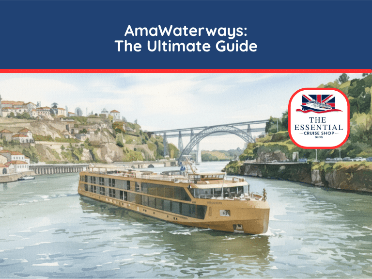 Watercolor illustration of an AmaWaterways river cruise ship sailing beneath a large bridge. Title reads "AmaWaterways: The Ultimate Guide."