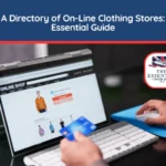 Person using a convertible laptop to shop online, holding a credit card. Title reads "Directory of On-Line Clothing Stores: Essential Guide."