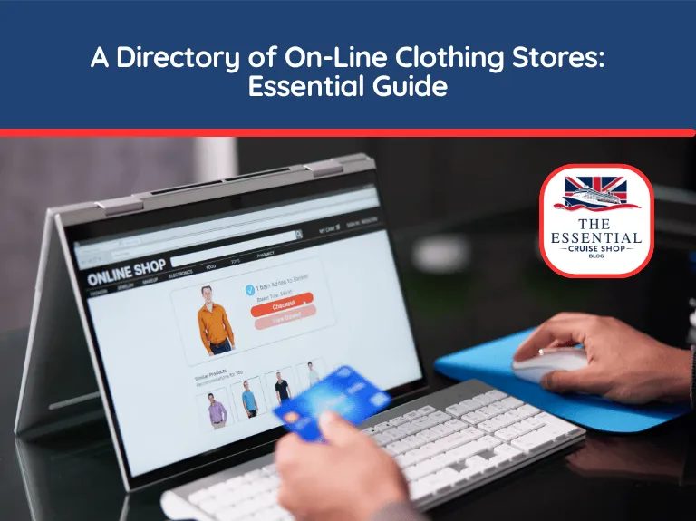 Person using a convertible laptop to shop online, holding a credit card. Title reads "Directory of On-Line Clothing Stores: Essential Guide."