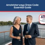 Elegant couple holding drinks on a cruise ship deck. Title banner reads "AmaWaterways Dress Code: Essential Guide."