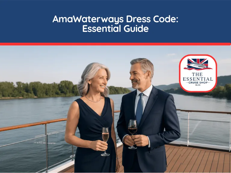 Elegant couple holding drinks on a cruise ship deck. Title banner reads "AmaWaterways Dress Code: Essential Guide."