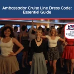 Group of women dancing in casual clothing inside a cruise ship lounge. Title banner reads "Ambassador Cruise Line Dress Code: Essential Guide."