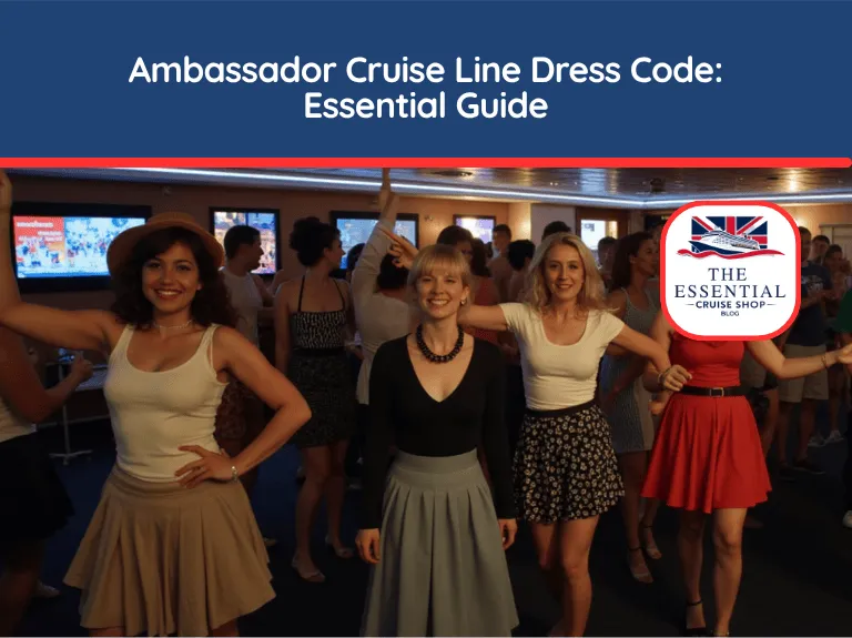 Group of women dancing in casual clothing inside a cruise ship lounge. Title banner reads "Ambassador Cruise Line Dress Code: Essential Guide."