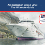 Watercolor illustration of the Ambassador cruise ship Ambience docked in a mountainous fjord. Title reads "Ambassador Cruise Line: The Ultimate Guide."
