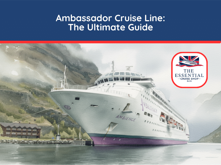 Watercolor illustration of the Ambassador cruise ship Ambience docked in a mountainous fjord. Title reads "Ambassador Cruise Line: The Ultimate Guide."