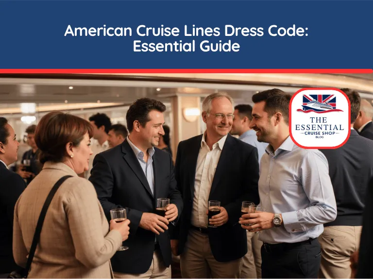 Group of adults in business casual attire networking in a lounge. Title banner reads "American Cruise Lines Dress Code: Essential Guide."