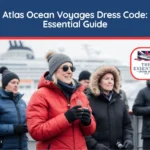 Passengers bundled in warm, heavy coats on a cold weather cruise deck. Title banner reads "Atlas Ocean Voyages Dress Code: Essential Guide."