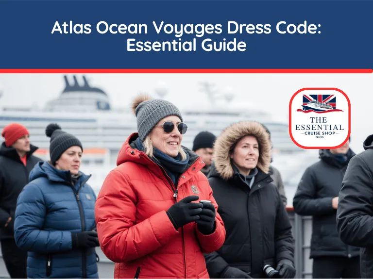 Passengers bundled in warm, heavy coats on a cold weather cruise deck. Title banner reads "Atlas Ocean Voyages Dress Code: Essential Guide."