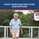 Senior man in a light blue polo shirt and khaki shorts walking outdoors. Title banner reads "Avalon Waterways Dress Code: Essential Guide."