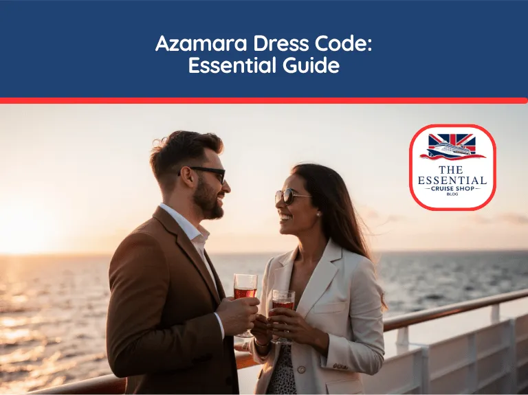 Elegant couple holding drinks on a cruise ship deck at sunset. Title banner reads "Azamara Dress Code: Essential Guide."