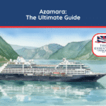 Watercolor illustration of an Azamara cruise ship sailing past green, mountainous fjords. Title reads "Azamara: The Ultimate Guide."