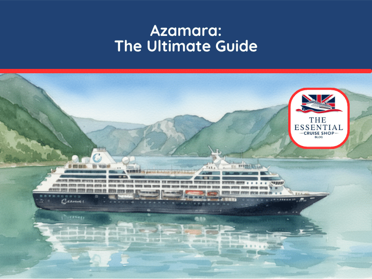 Watercolor illustration of an Azamara cruise ship sailing past green, mountainous fjords. Title reads "Azamara: The Ultimate Guide."