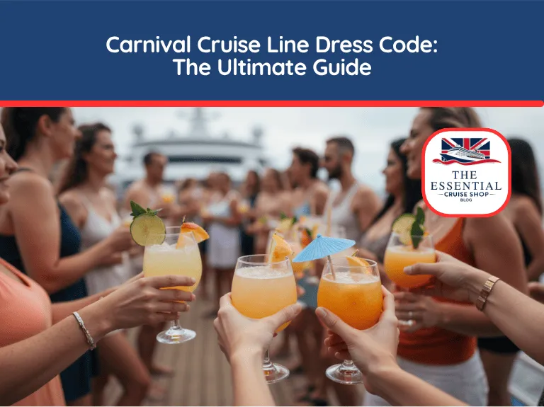 Group of people on a deck raising cocktails in a toast. Title banner reads "Carnival Cruise Line Dress Code: The Ultimate Guide."