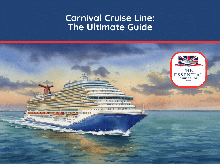 Watercolor illustration of a Carnival Cruise Line ship sailing under a dramatic, cloudy sky. Title reads "Carnival Cruise Line: The Ultimate Guide."
