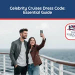Young couple in casual jackets taking a selfie on the open deck of a cruise ship. Title reads "Celebrity Cruises Dress Code: Essential Guide."