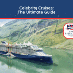 Watercolor illustration of a Celebrity Cruises ship docked in a calm fjord with steep, green hills. Title reads "Celebrity Cruises: The Ultimate Guide."