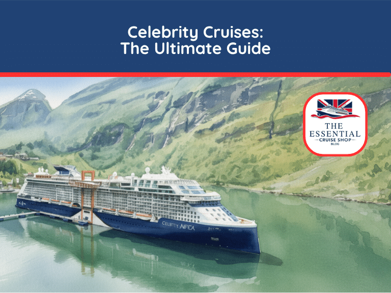 Watercolor illustration of a Celebrity Cruises ship docked in a calm fjord with steep, green hills. Title reads "Celebrity Cruises: The Ultimate Guide."