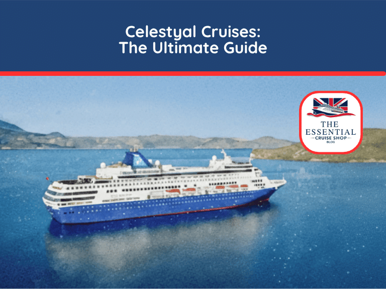 Watercolor illustration of a Celestyal Cruises ship sailing in blue water with hills in the background. Title reads "Celestyal Cruises: The Ultimate Guide."