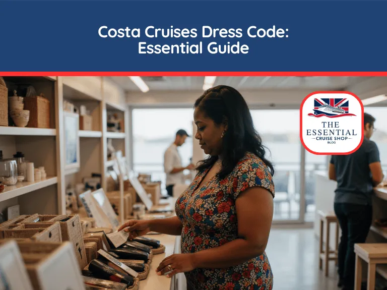 Woman in a floral dress shopping in a cruise ship boutique. Title banner reads "Costa Cruises Dress Code: Essential Guide."
