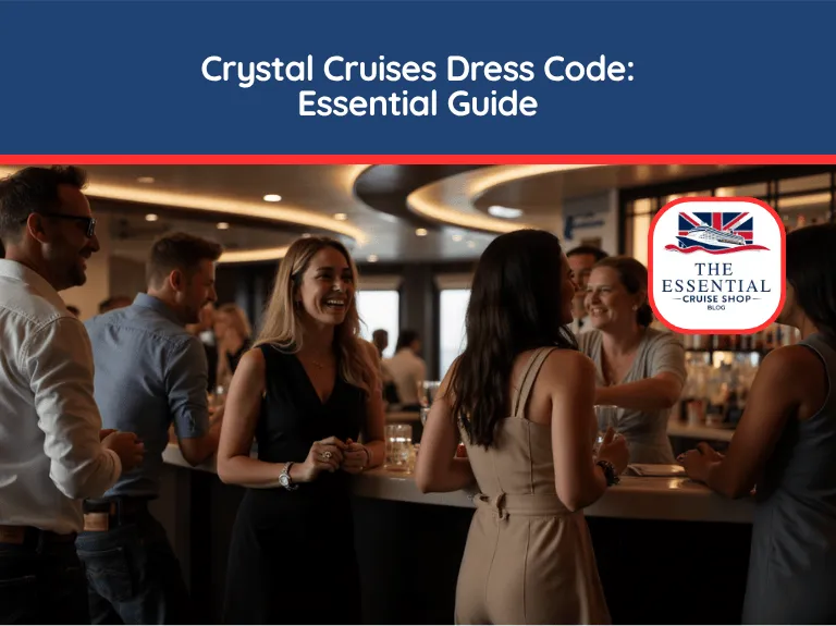 Passengers in elegant cocktail attire socializing at a bar on a cruise ship. Title banner reads "Crystal Cruises Dress Code."