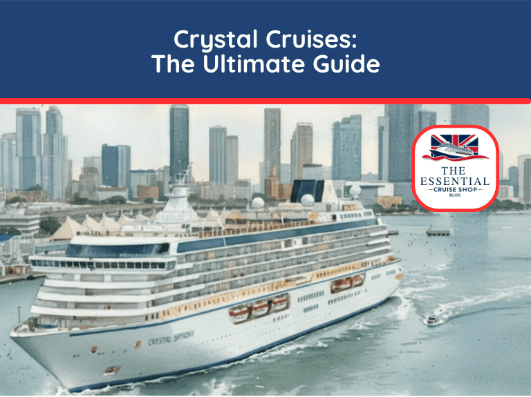 Watercolor illustration of a Crystal Cruises ship sailing past a modern, urban skyline. Title reads "Crystal Cruises: The Ultimate Guide."