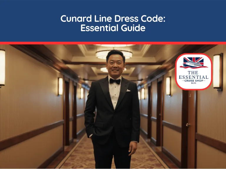 Man in a black tuxedo and bow tie smiling in a ship hallway. Title banner reads "Cunard Line Dress Code: Essential Guide."