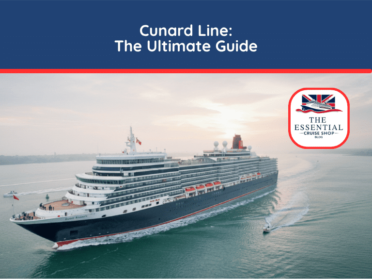 An aerial view of the large, elegant Cunard Line ship sailing on the ocean at sunset. Title reads "Cunard Line: The Ultimate Guide."