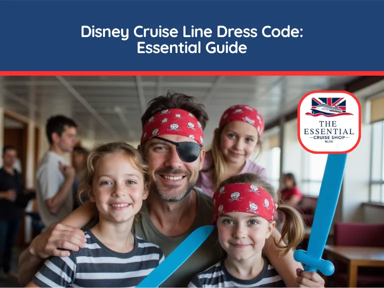 Father and three children dressed up as pirates for a themed event. Title banner reads "Disney Cruise Line Dress Code: Essential Guide."