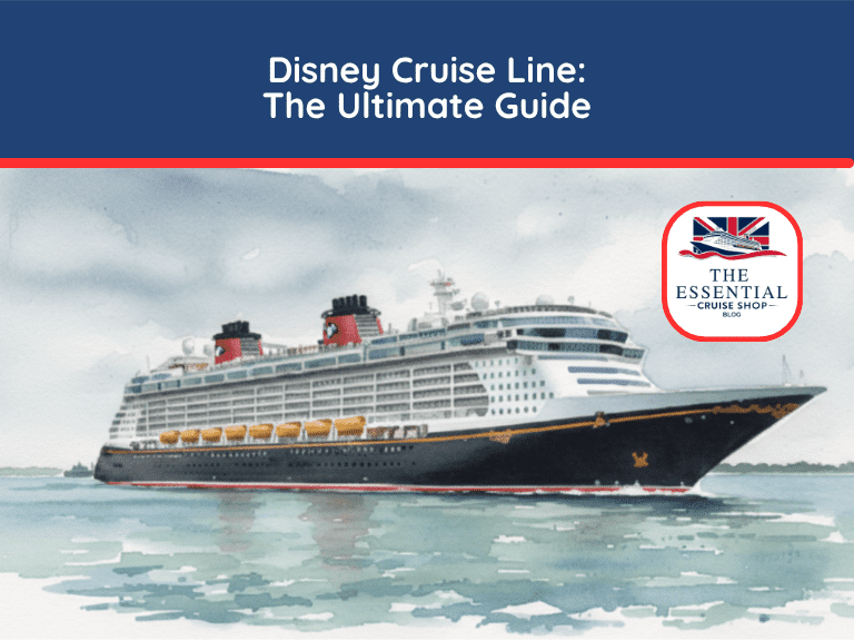 Watercolor illustration of a Disney Cruise Line ship with black, red, and yellow colors at sea. Title reads "Disney Cruise Line: The Ultimate Guide."