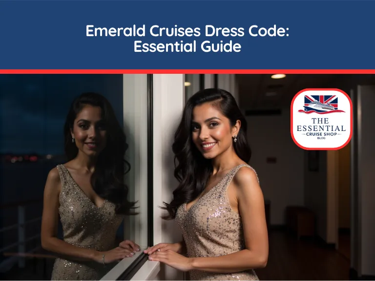 Woman in a sparkling evening gown standing by a window at night. Title banner reads "Emerald Cruises Dress Code: Essential Guide."