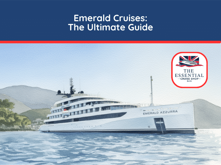 Watercolor illustration of the Emerald Azzurra super yacht sailing near a green coastline. Title reads "Emerald Cruises: The Ultimate Guide."
