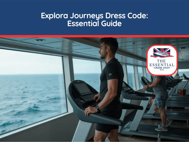 Man in black workout clothes running on a treadmill overlooking the ocean. Title banner reads "Explora Journeys Dress Code."
