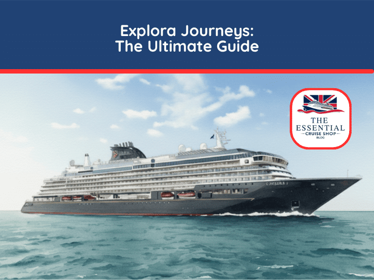 Illustration of the Explora I luxury cruise ship sailing on the ocean under a blue sky. Title reads "Explora Journeys: The Ultimate Guide."