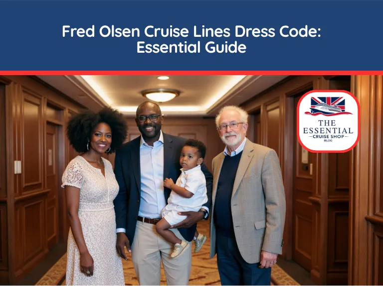 Multigenerational family dressed smartly in a cruise ship hallway. Title banner reads "Fred Olsen Cruise Lines Dress Code."